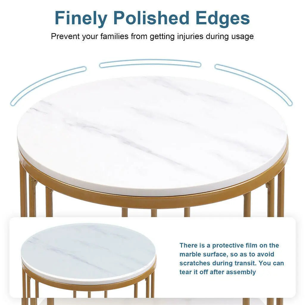 Accent Table- 2-Tier White Marble Side Table, Round Coffee Table, Nightstand, Jewelry Storage