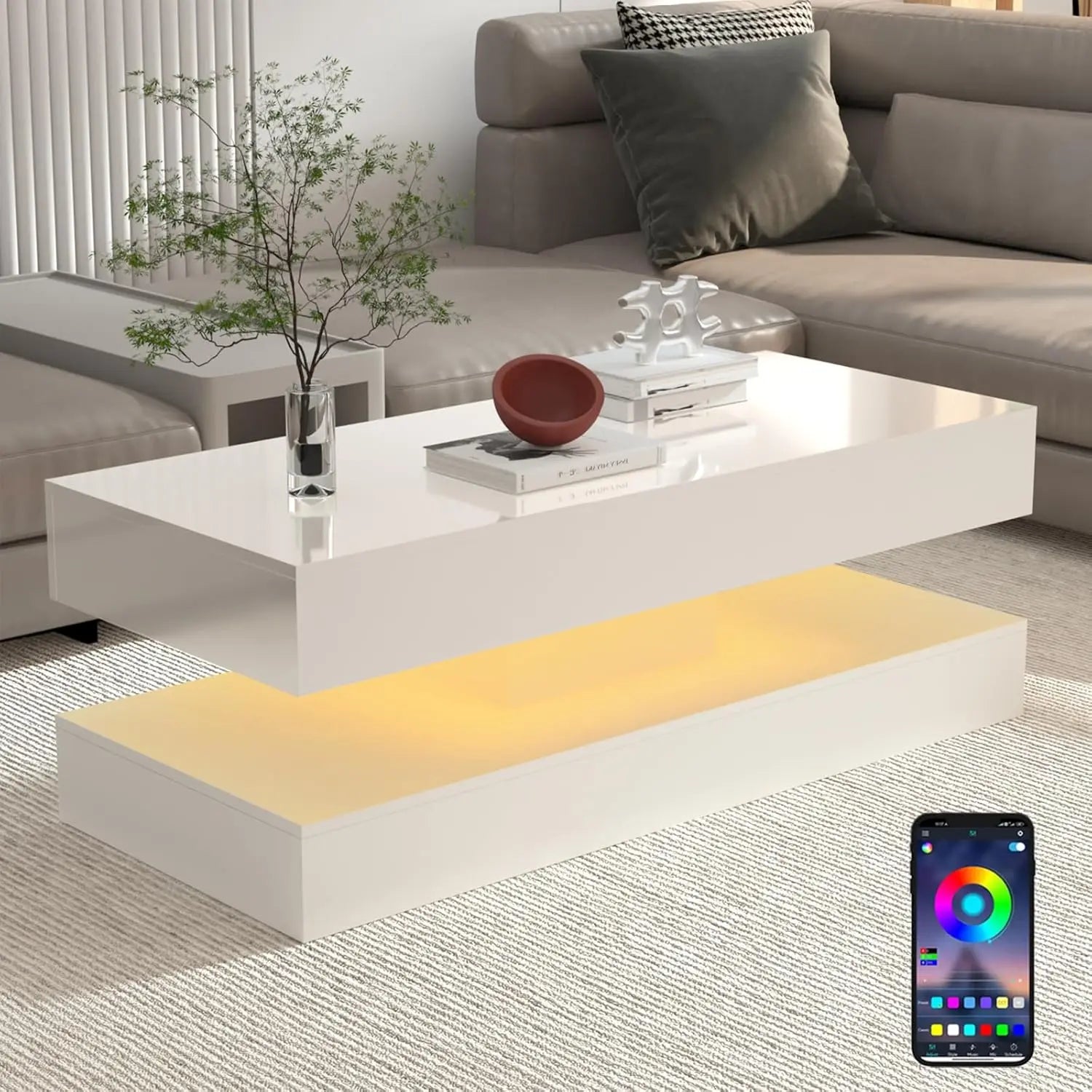 Coffee Table-Modern Stylish Coffee Table with LED lights, Double-Layer Design for Living Room Coffee Table with 2 Storage Drawers
