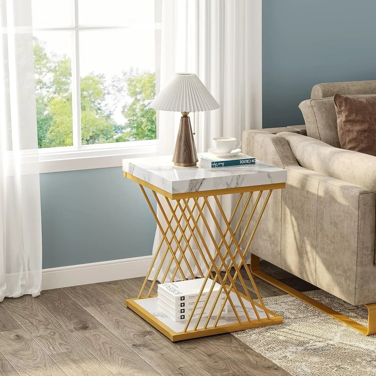 End Table-Square End Table, White Gold, 2-Tier Side Table, Modern Small Bedside Table with Storage for Couch ( Faux Marble White+Gold)