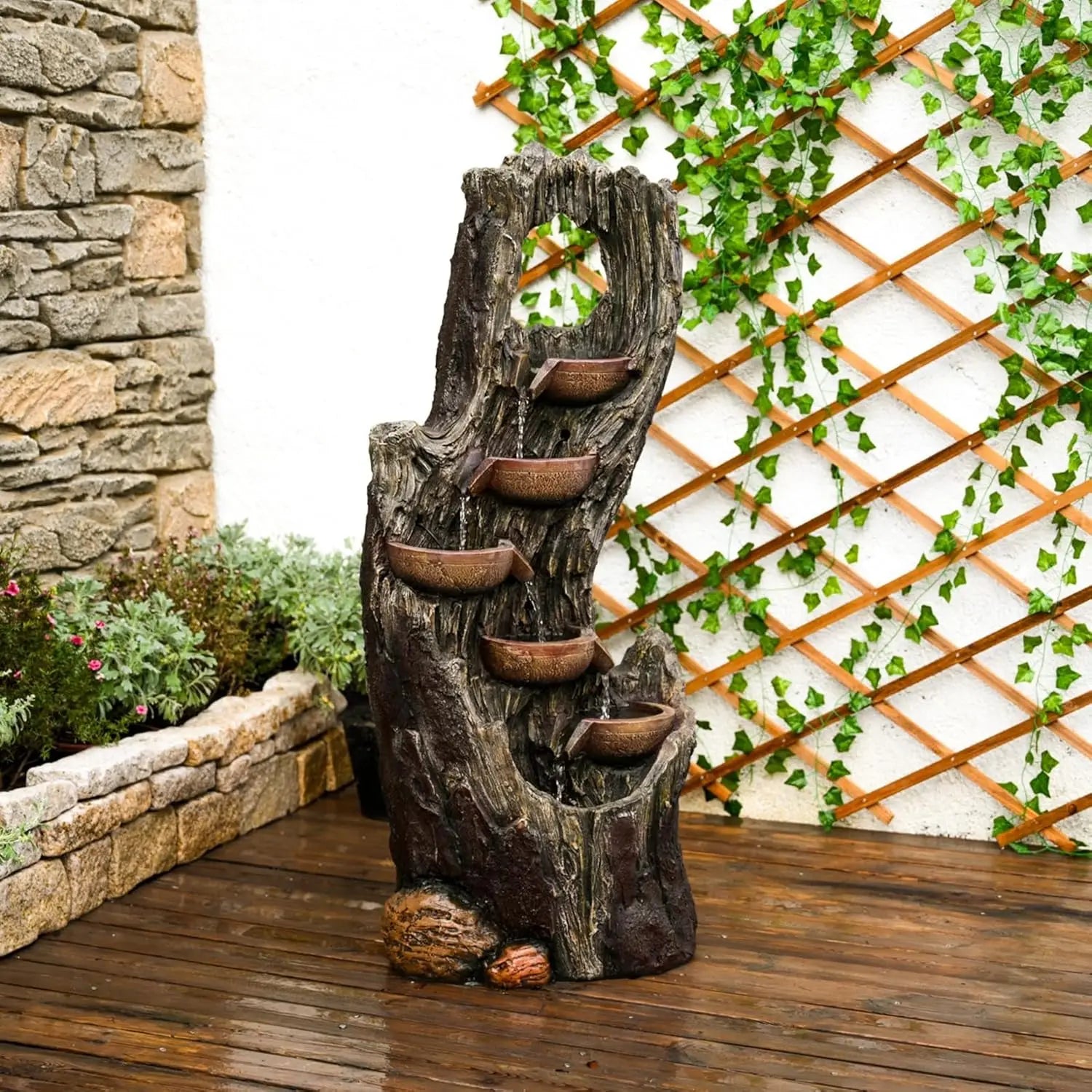 Water Fountain-LED lights, 6 Tier Waterfall, Floor Standing, Indoor/Outdoor, Bowl Stone