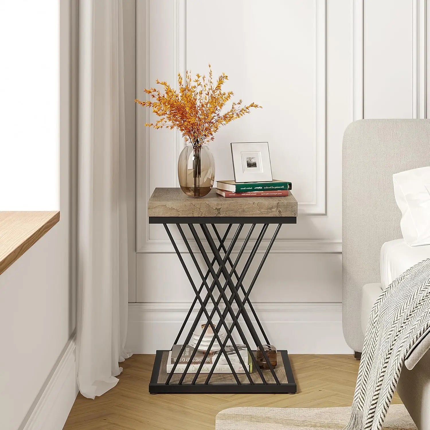 Accent Table-Square End Table White Gold 2-Tier Side Table Modern Small Bedside Table with Storage for Couch, Sofa Side Table, Customized