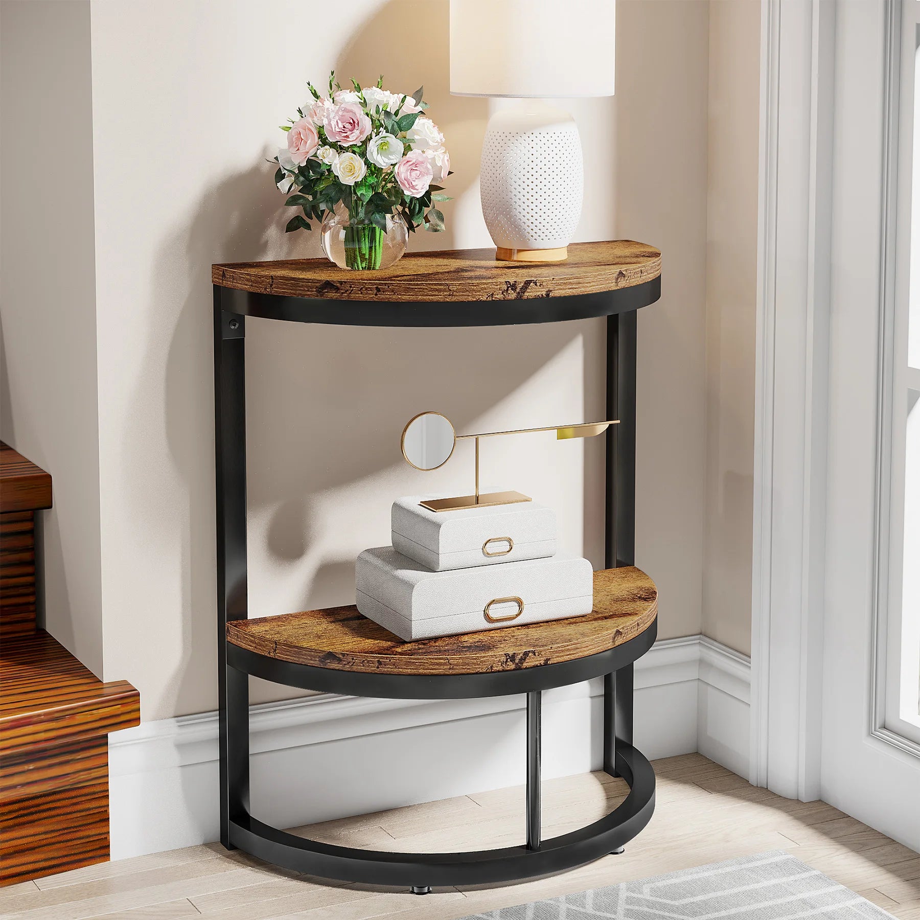 End Table-Semi Circle, Small Half Round, Side Table with Storage Shelf, Accent Table, Slim C Table for Sofa Couch, Tribesigns