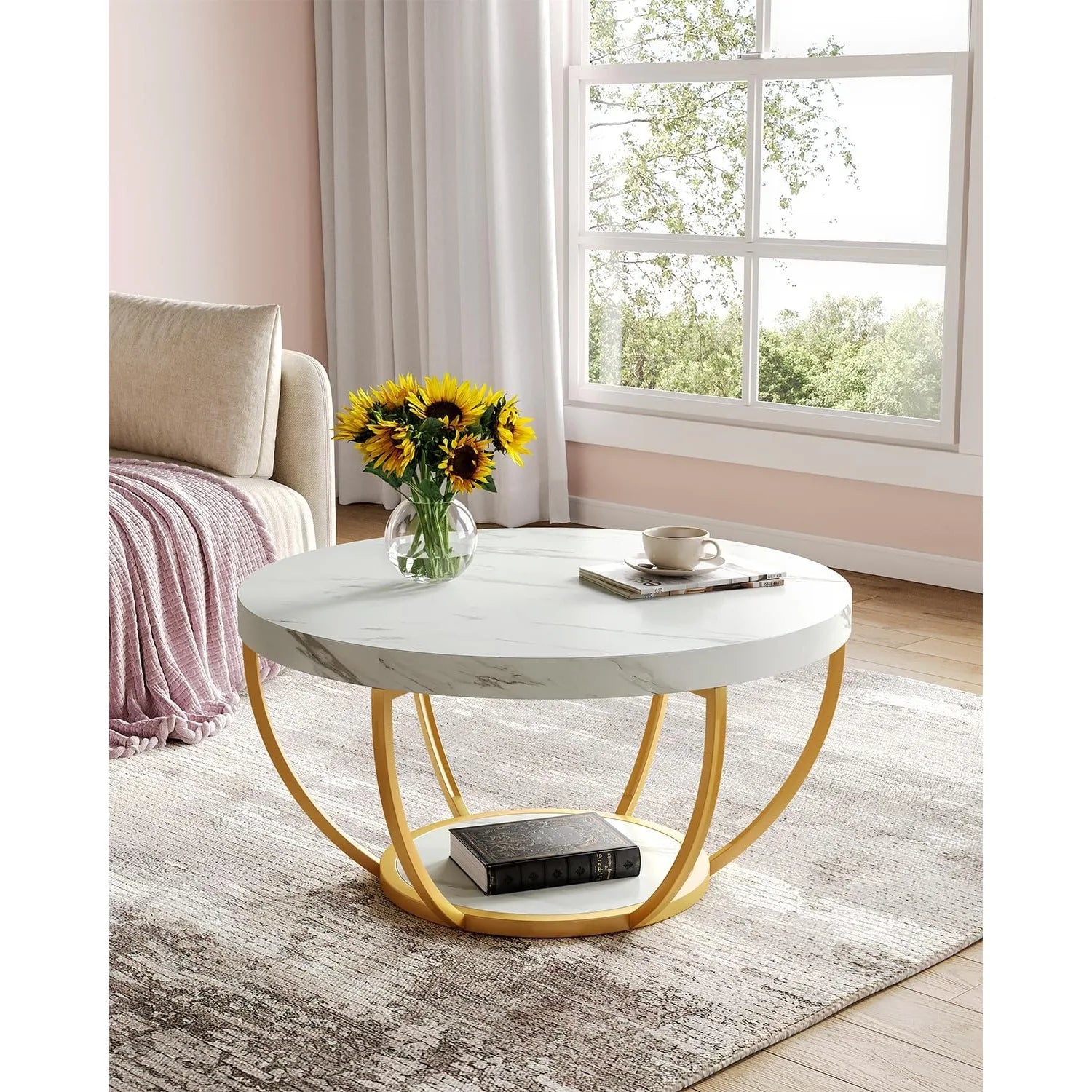 Accent Table-Circle Marble 32 inch – Modern Stylish 2-Tier Center Table with Golden Frame for Living Room