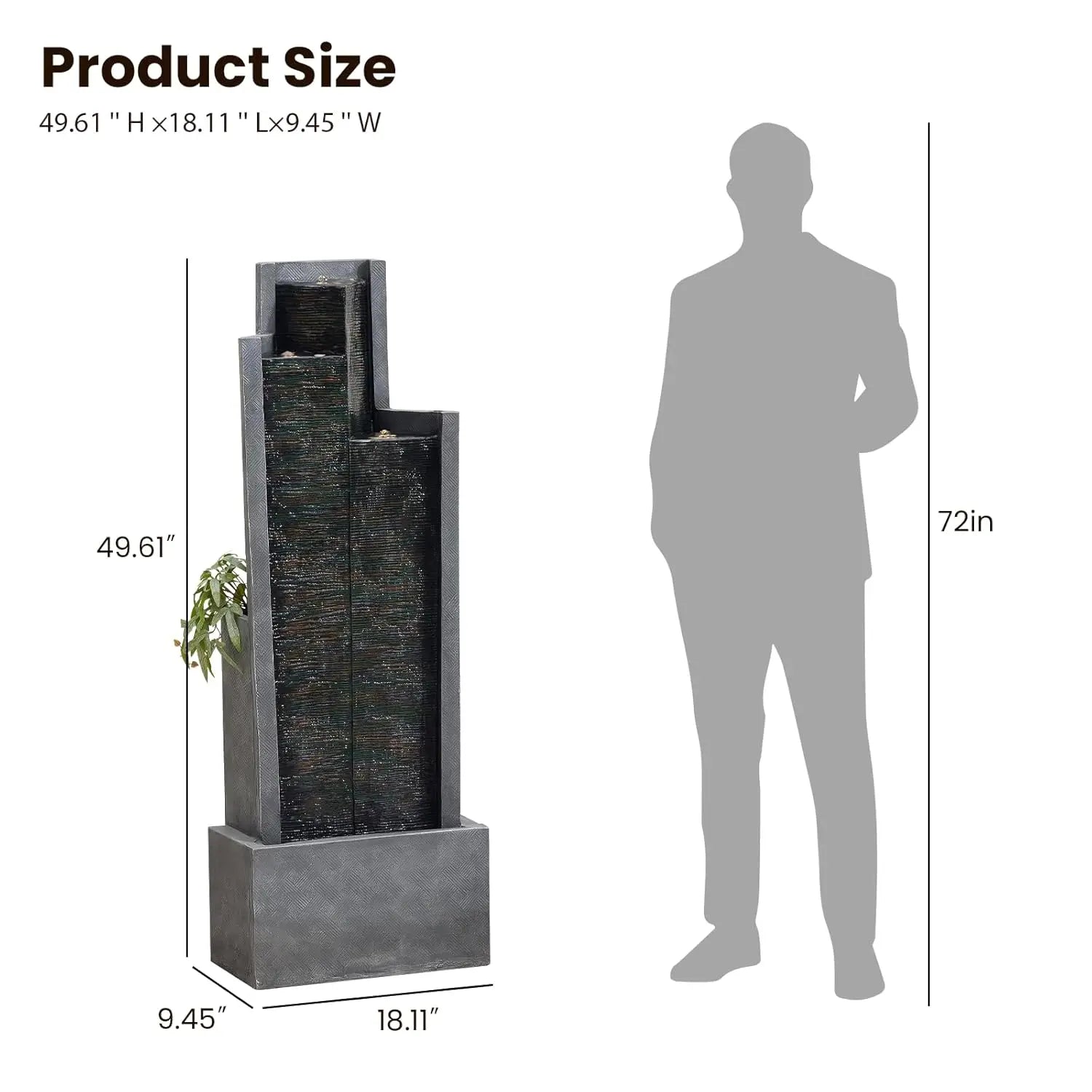 Water Fountain-49.6" H Garden Fountain Outdoor Modern Cascading Indoor Water Fountain Tall Floor - Standing Fountain with Lights, Customized