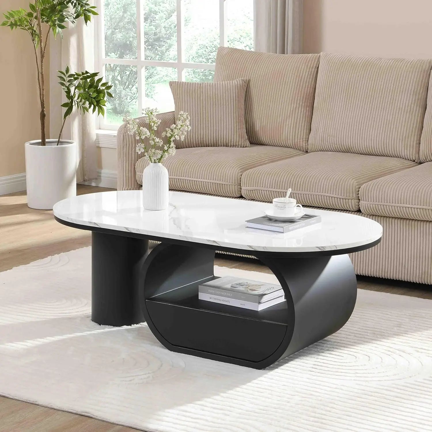 Coffee Table Set-Modern Nesting Oval Coffee Table Set, Faux Marble Top, Gold Metal Base, Living Room, 2pcs, Customized