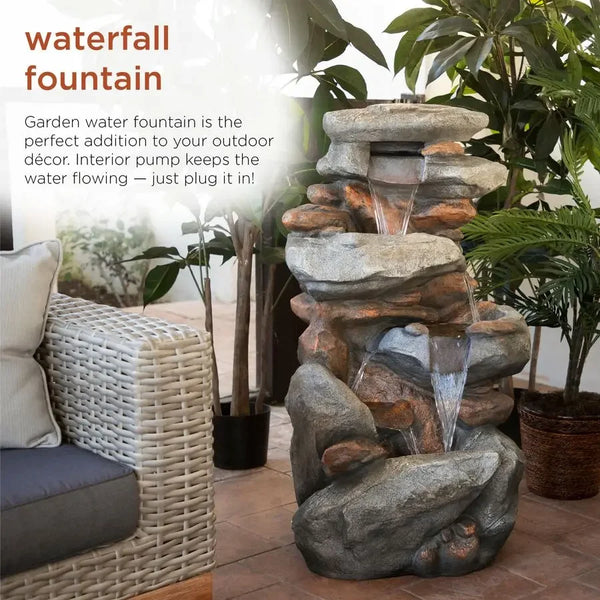 Water Fountain-LEDs Lights-White, Rock Floor, 4 Tier Cascading, Tranquil Outdoor Water Feature, Garden, Patio, Yard