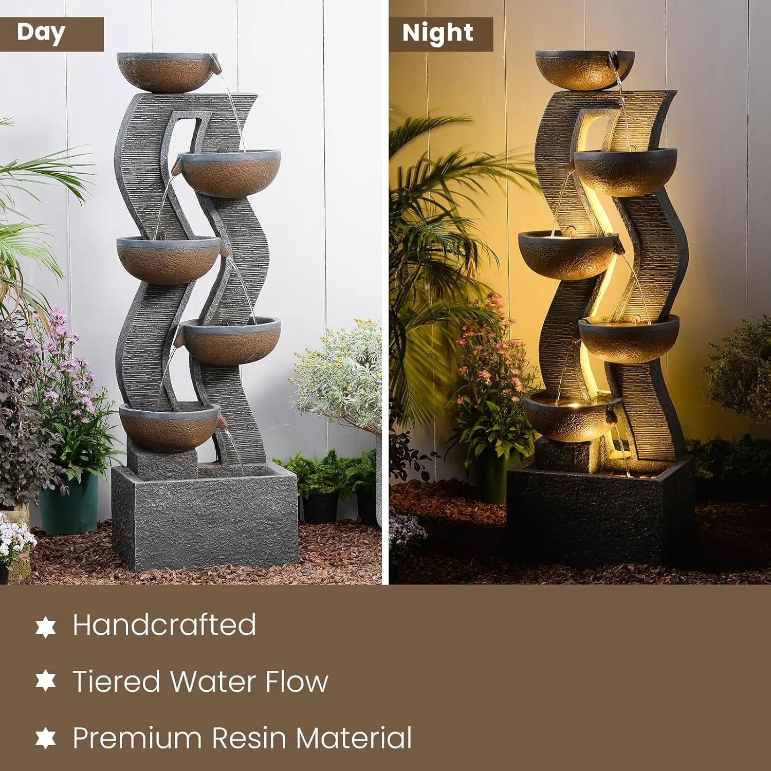Water Fountain-LEDs Lights, 6-Tier Cascading, Resin, 52.8 in High, Waterfall, Porch, Garden, Yard, Deck, Patio