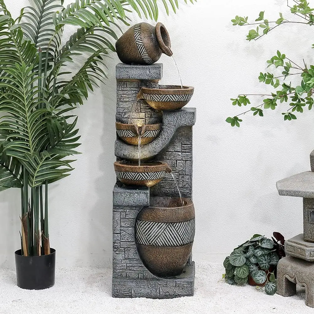 Water Fountain-LED Lights, 5 Tiers, Indoor/Outdoor, Garden, 42.5 in, Modern Floor-Standing, Cascading, Water Feature, Suitable for Deck