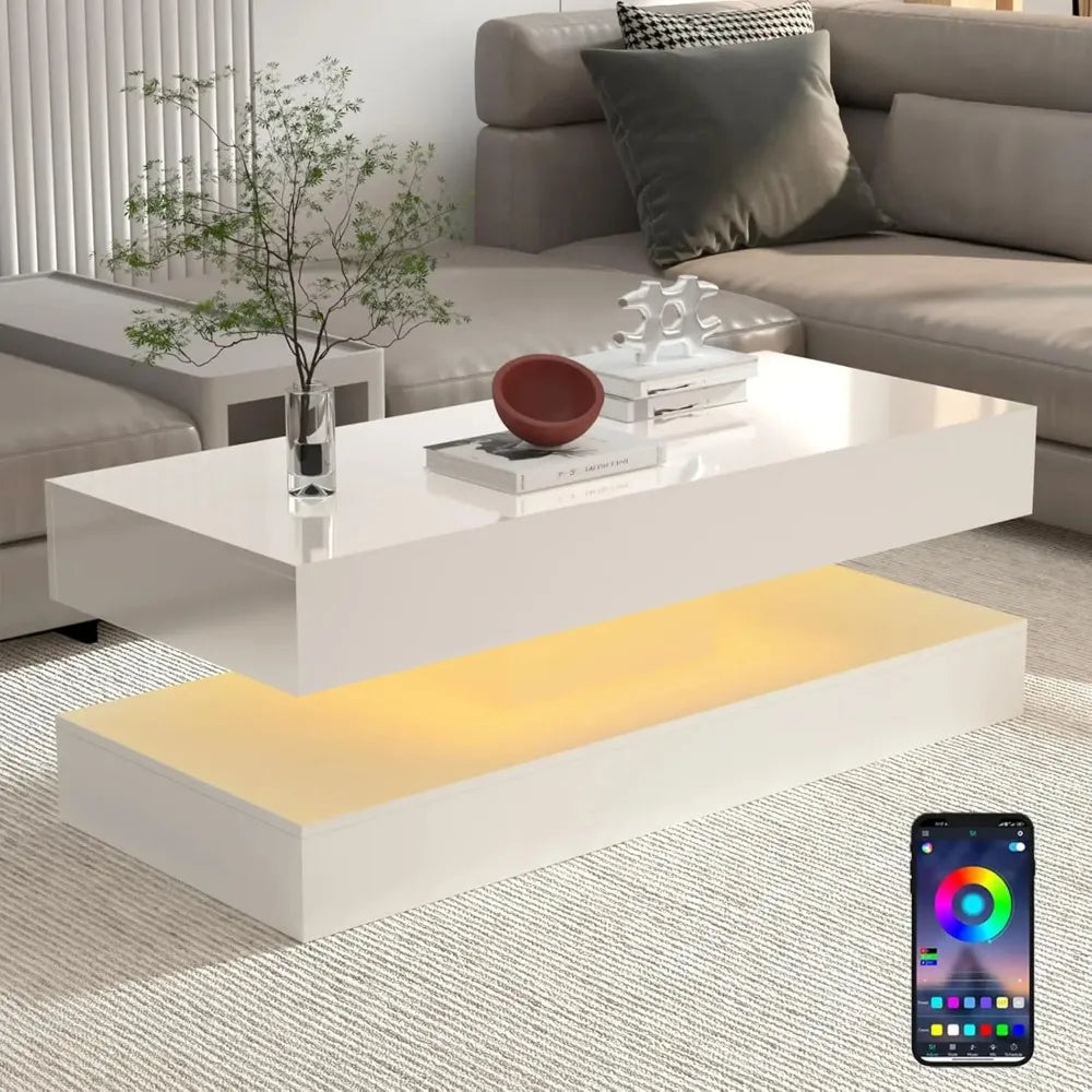 Coffee Table-47.2 High Glossy LED Coffee Table, Modern Center Table with 2 Storage Drawers for Living Room