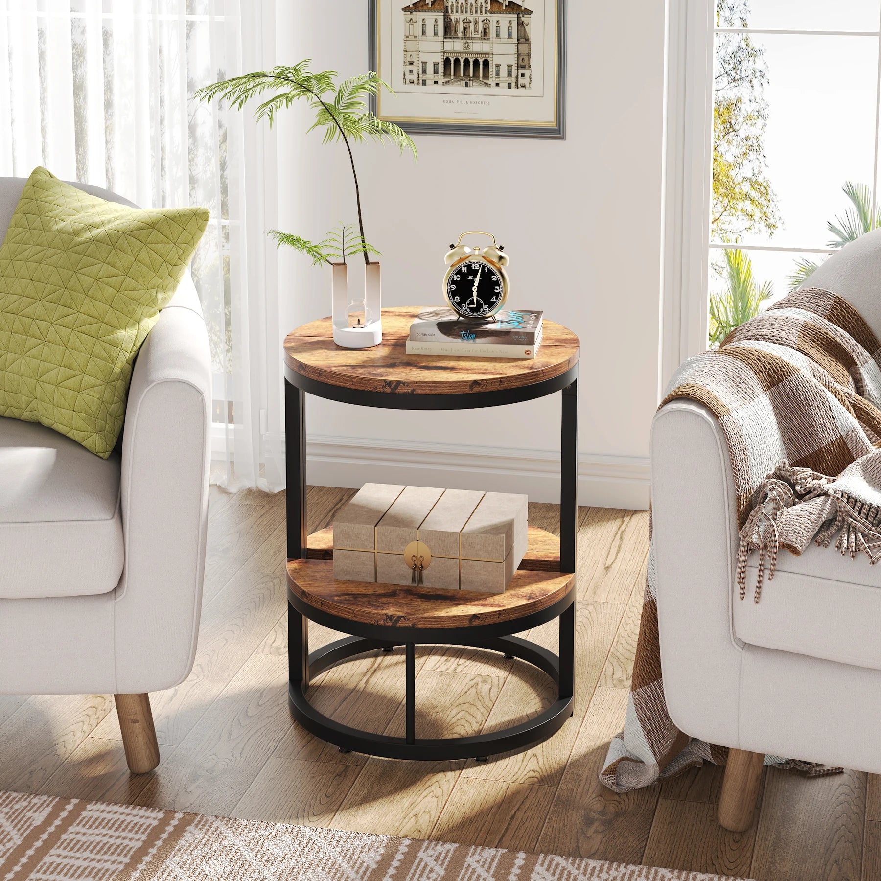 End Table-Semi Circle, Small Half Round, Side Table with Storage Shelf, Accent Table, Slim C Table for Sofa Couch, Tribesigns