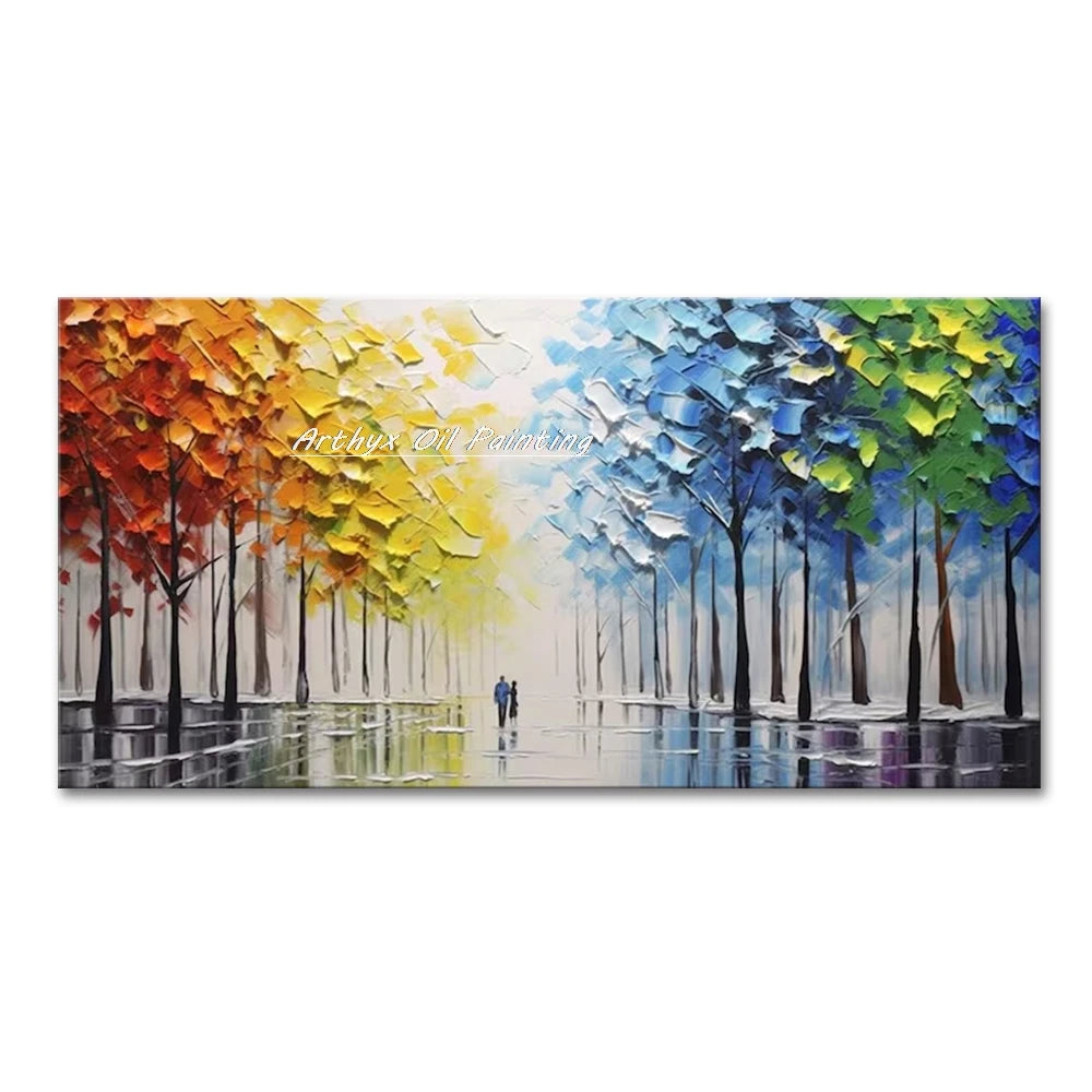 Canvas Art-Hand painted, Palette Knife, Tree, Oil Painting on Canvas, Modern Abstract Landscape Art Poster, Wall Pictures, Home Decor, Arthyx,Large