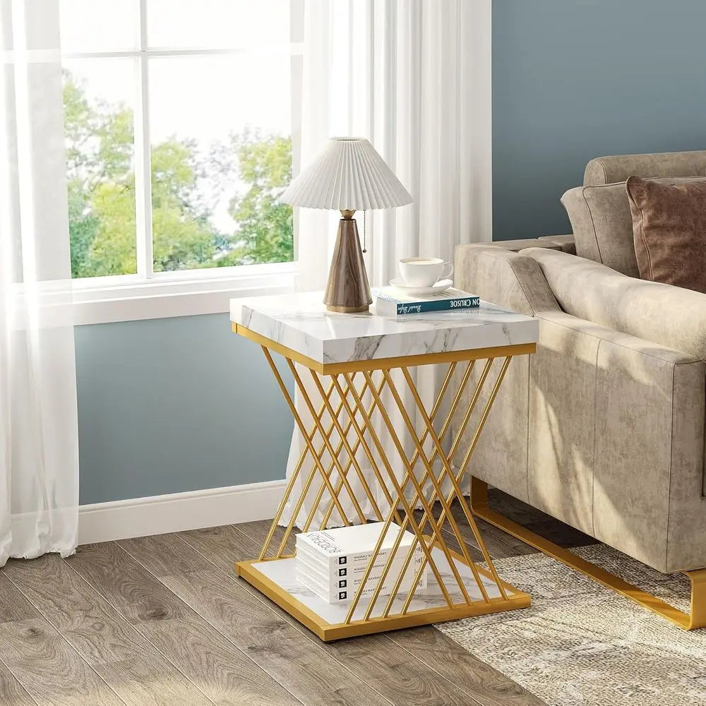 Accent Table-White Gold Marble, 2-Piece Set, Side Table Set, 2-Tier End Table