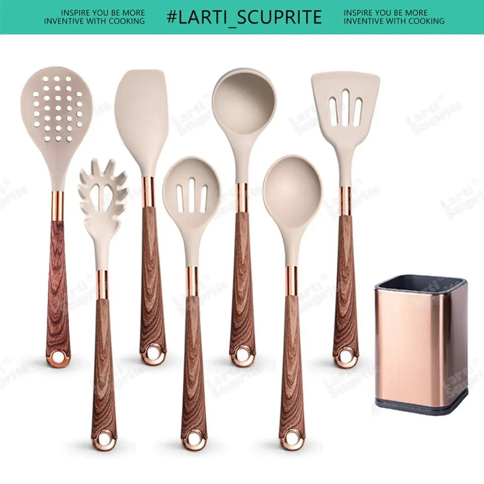 Kitchen- Heat-Resistant Silicone Cooking Set with Gold-Plated Handles – BPA-Free Kitchen Gadgets