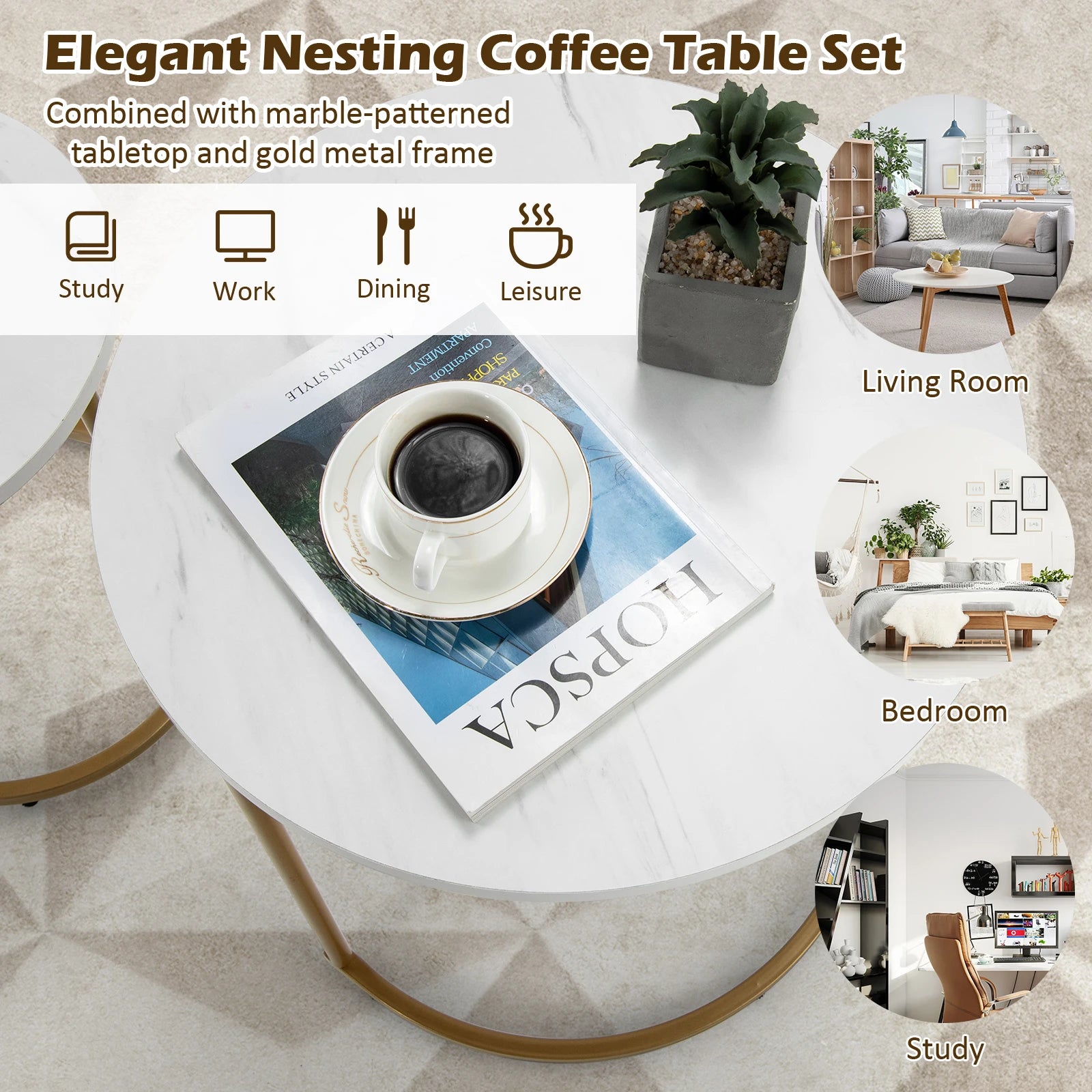 Coffee Table-Nesting Coffee Table, Modern Set of 2 Marble Coffee Table, Coffee Side Table Set, Living Room Coffee Table