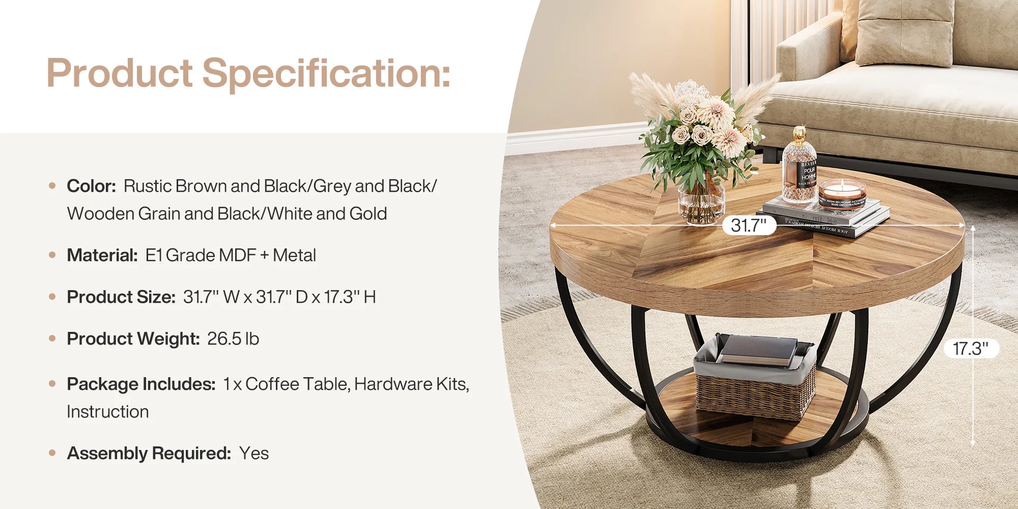 Coffee Table-Tribesigns 31.7 inch Round Coffee Table, Industrial 2-Tier Circle Coffee Table with Storage Shelves, Modern Wooden Accent Table