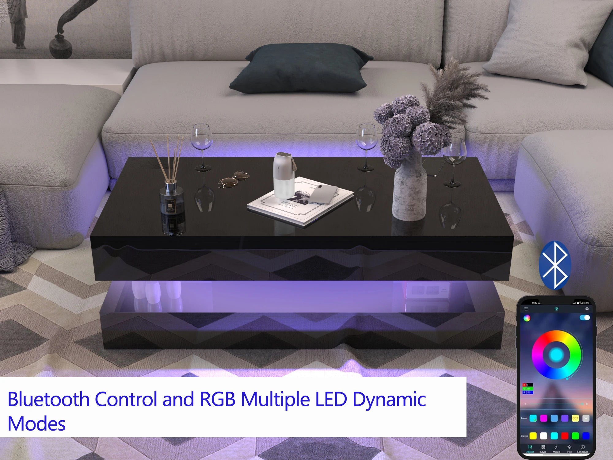 Coffee Table-47.2 High Glossy LED Coffee Table, Modern Center Table with 2 Storage Drawers for Living Room