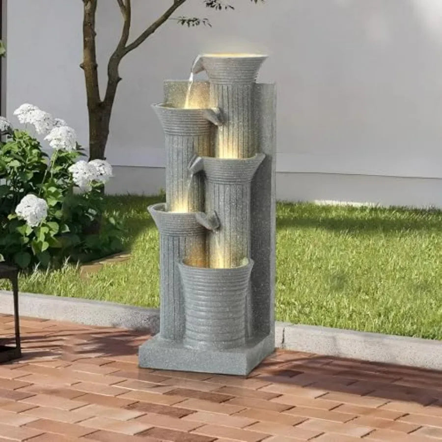 Water Fountain-LED Lights, 5-Tier Cascading Waterfall, Outdoor/Indoor, 24 in High, Floor Standing, Garden