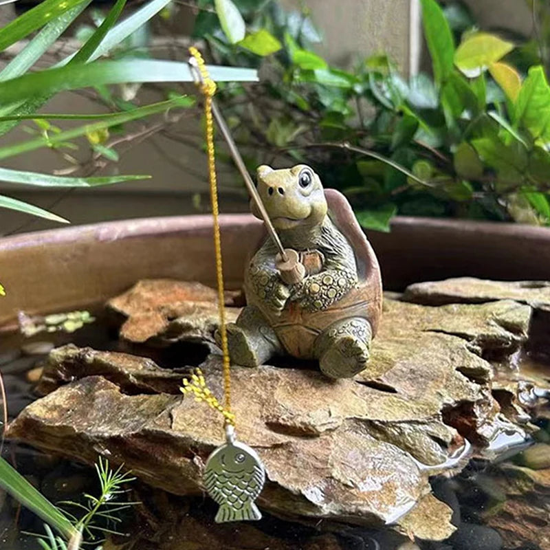 Figurine-Creative Rope Fishing Turtle, Cute Simulation, Turtle Resin Figurine, Animal Sculpture, Outdoor, Home, Garden
