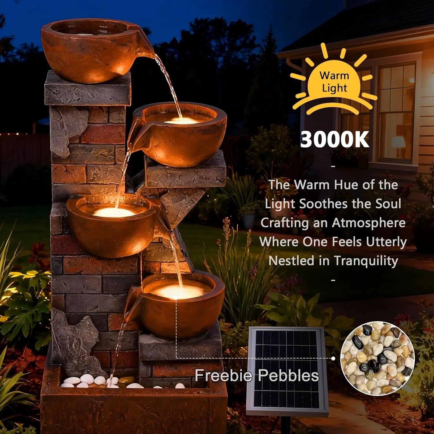 Water Fountain-LED Lights, 5 Tiers, Solar, Outdoor, 33.5" H Shape K Waterfall Fountain for Patio, Balconies, Lawns