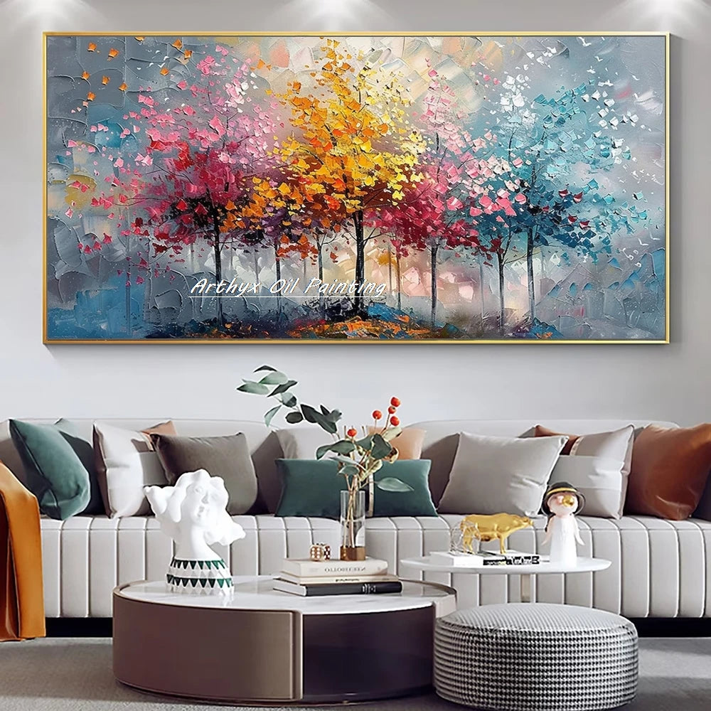 Canvas Art-Hand painted, Palette Knife, Tree, Oil Painting on Canvas, Modern Abstract Landscape Art Poster, Wall Pictures, Home Decor, Arthyx,Large