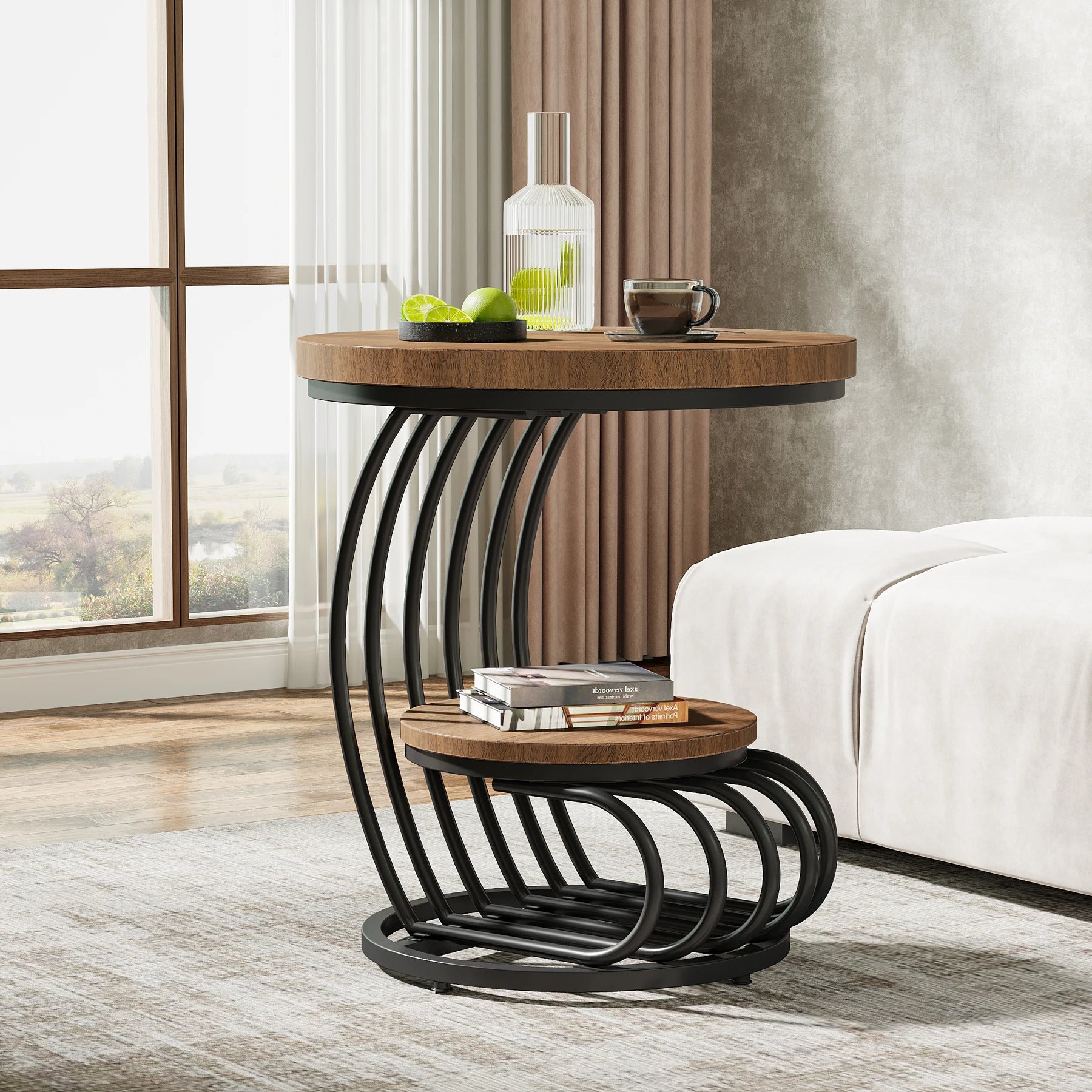 End Table-Tribesigns Gold Round Table, 2 Tiers Faux Marble Side Table, Table with Storage Shelf, Modern White Gold Bedside Table