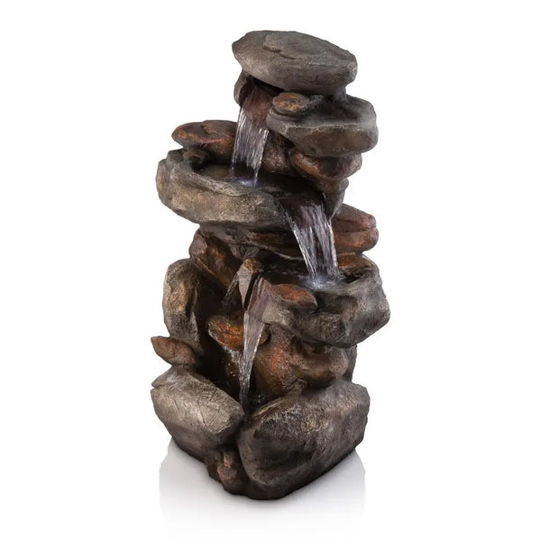 Water Fountain-LEDs Lights-White, Rock Floor, 4 Tier Cascading, Tranquil Outdoor Water Feature, Garden, Patio, Yard