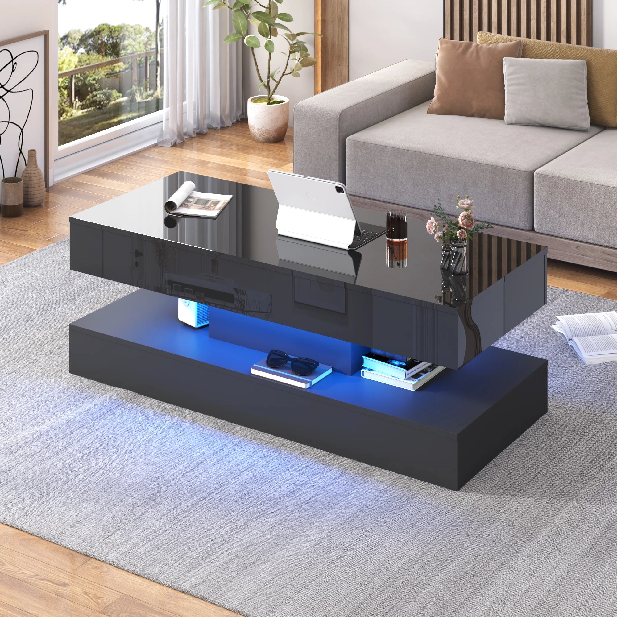 Coffee Table - Modern LED - Grey Marble Nesting (Set of 2) with Round End - Waterproof Surface & Metal Legs