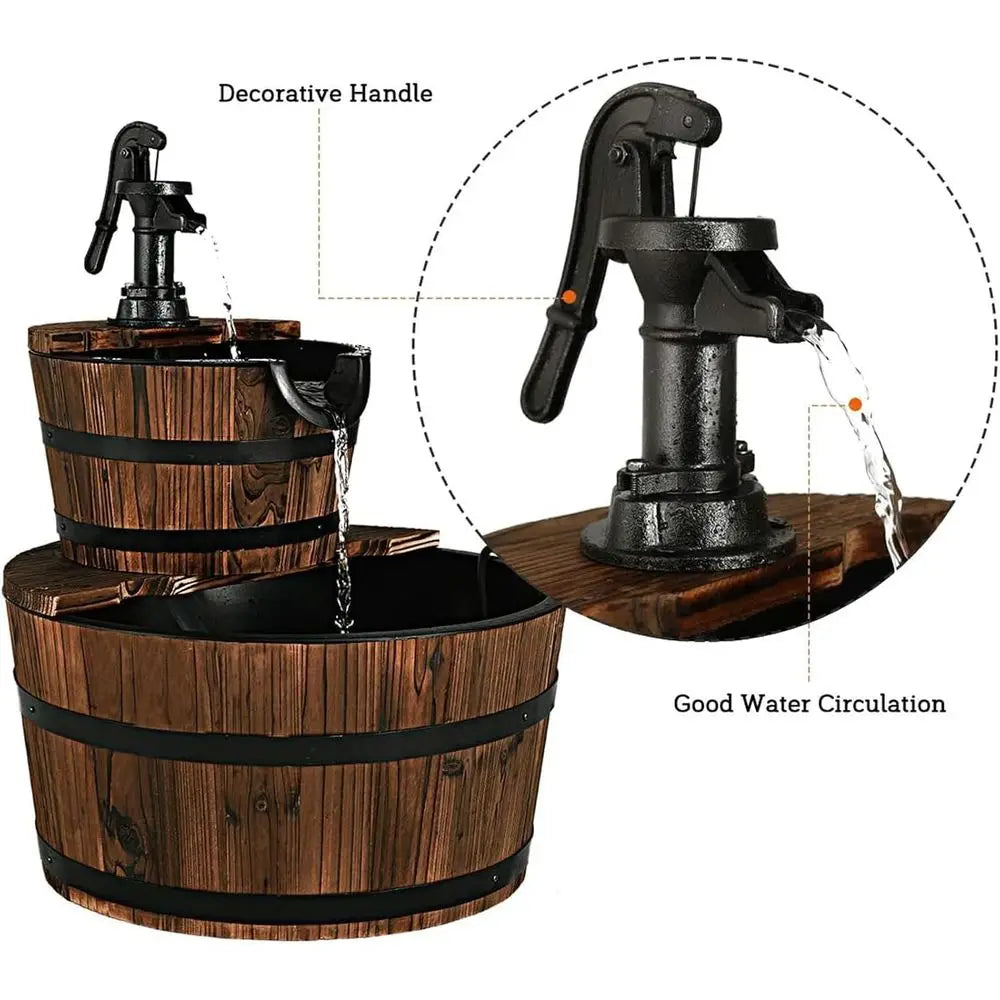 Water Fountain- 2-Tier Barrel Waterfall Fountain, Outdoor, Rustic Wood Barrel, Cascading Water Fountain with Electric Pump, Outdoor Water Feature