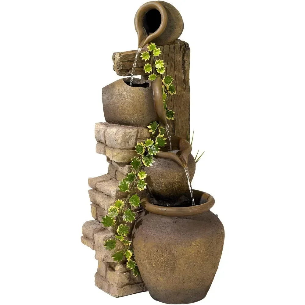 Outdoor Decor: Floor Fountain: Cascading Rustic Outdoor Floor Three Jugs Fountain and Waterfalls