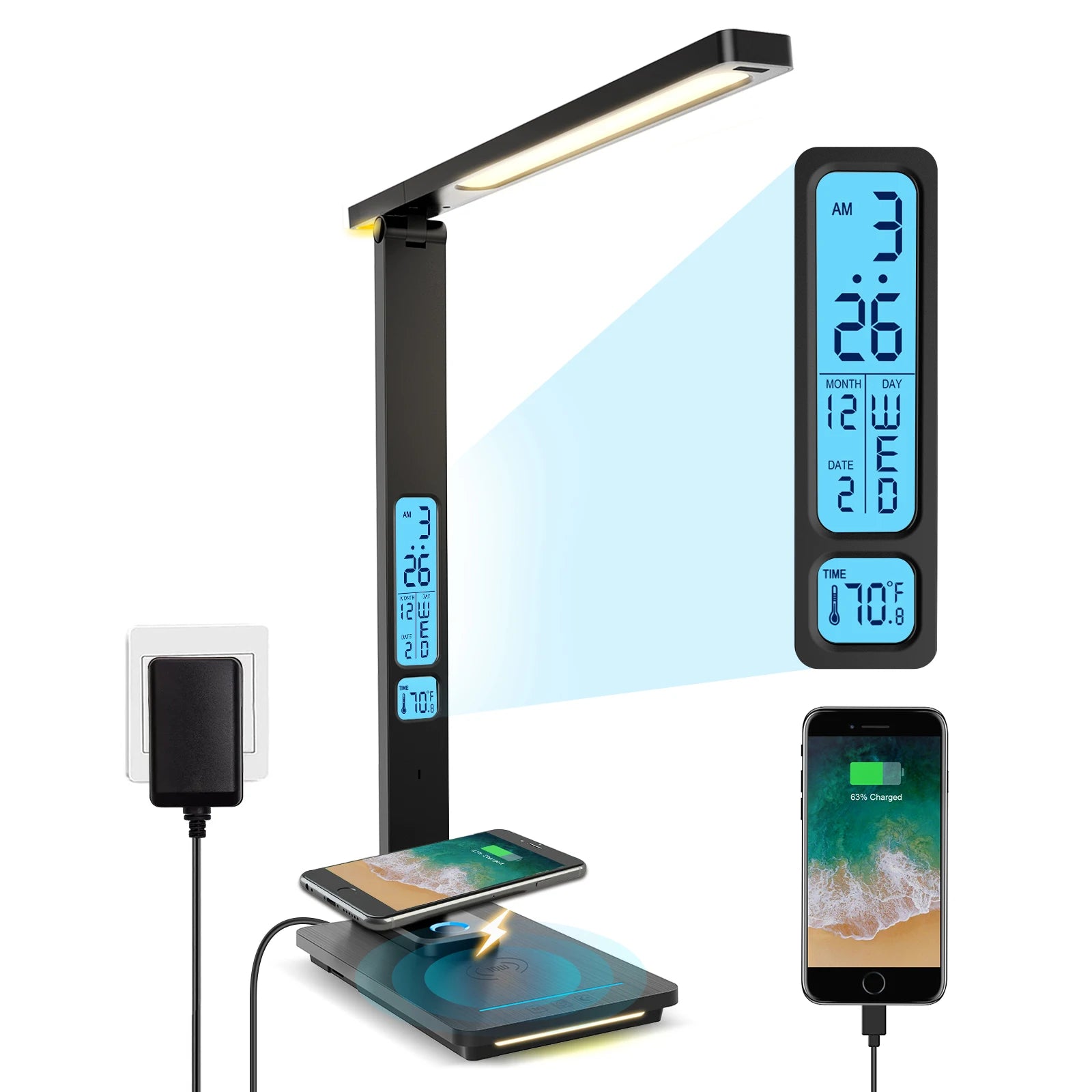 LED Desk Lamp-LAOPAO 10W QI Wireless Charging With Calendar Temperature Alarm Clock, Eye Protect, Study Business Light, Table Lamp