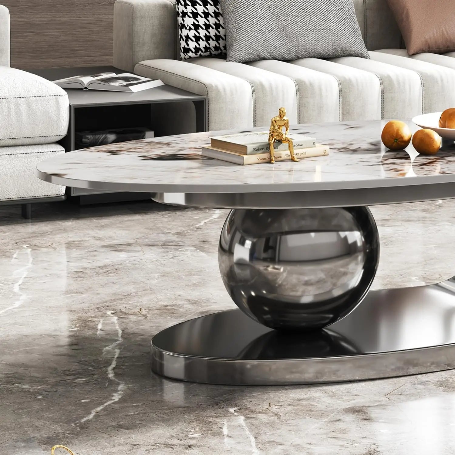 Coffee Table-Modern with Silver Stainless Steel Pedestal, Oval, Living Room Table, with Faux Marble Top, & Luxury, Customized