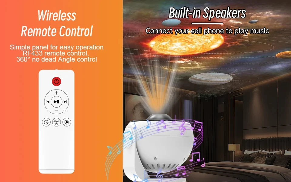 Galaxy Projector-Pro Version HD, 12 in 1 Film Discs, Star Projector, Galaxy Light Planetarium Projector, with Timer, White Noise, 360 ° Rotation, Bluetooth Remote Control