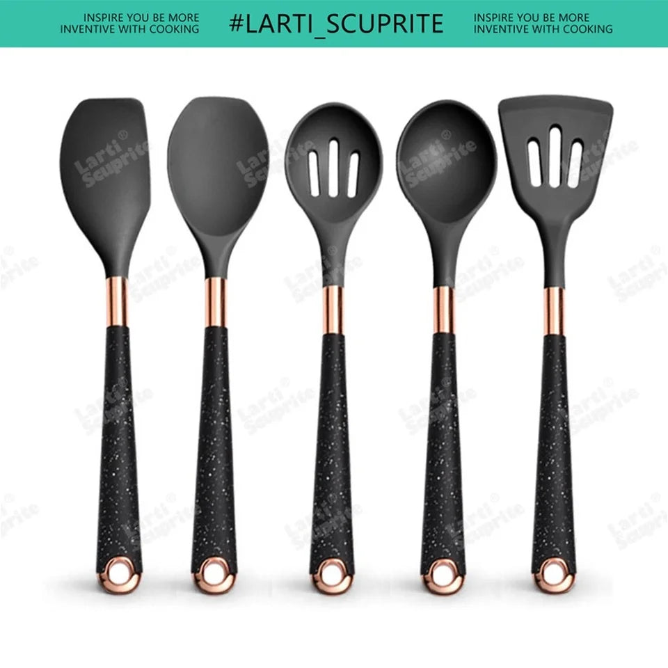 Kitchen- Heat-Resistant Silicone Cooking Set with Gold-Plated Handles – BPA-Free Kitchen Gadgets