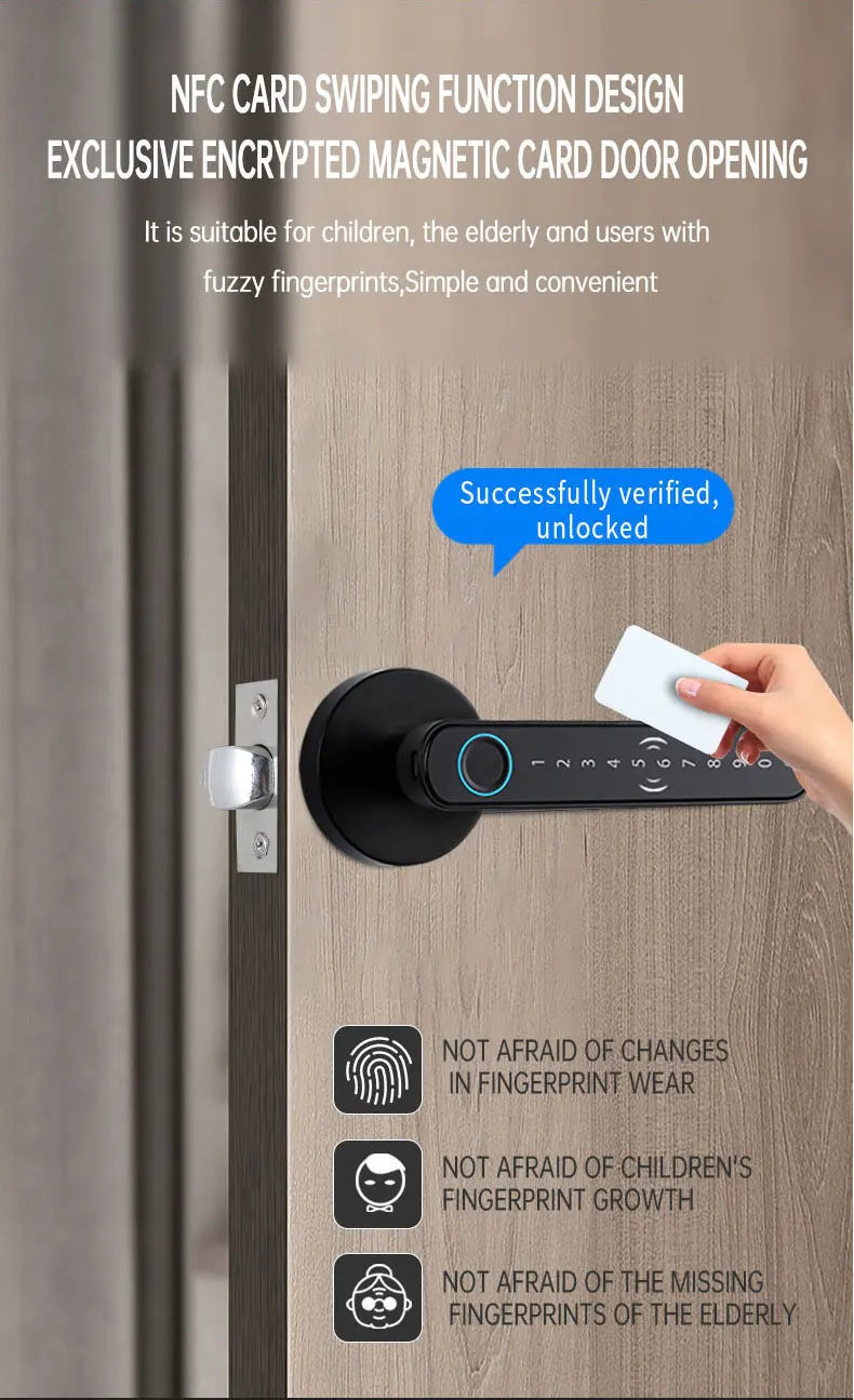 Smart Fingerprint Door Lock Handle – Keyless Entry with Keypad, Key Card & Backup Key for Home or Apartment