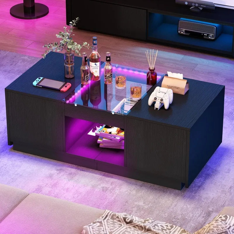 Coffee Table - Modern LED – Rectangle Design with Built-In Charger & Storage Drawers for Living Room