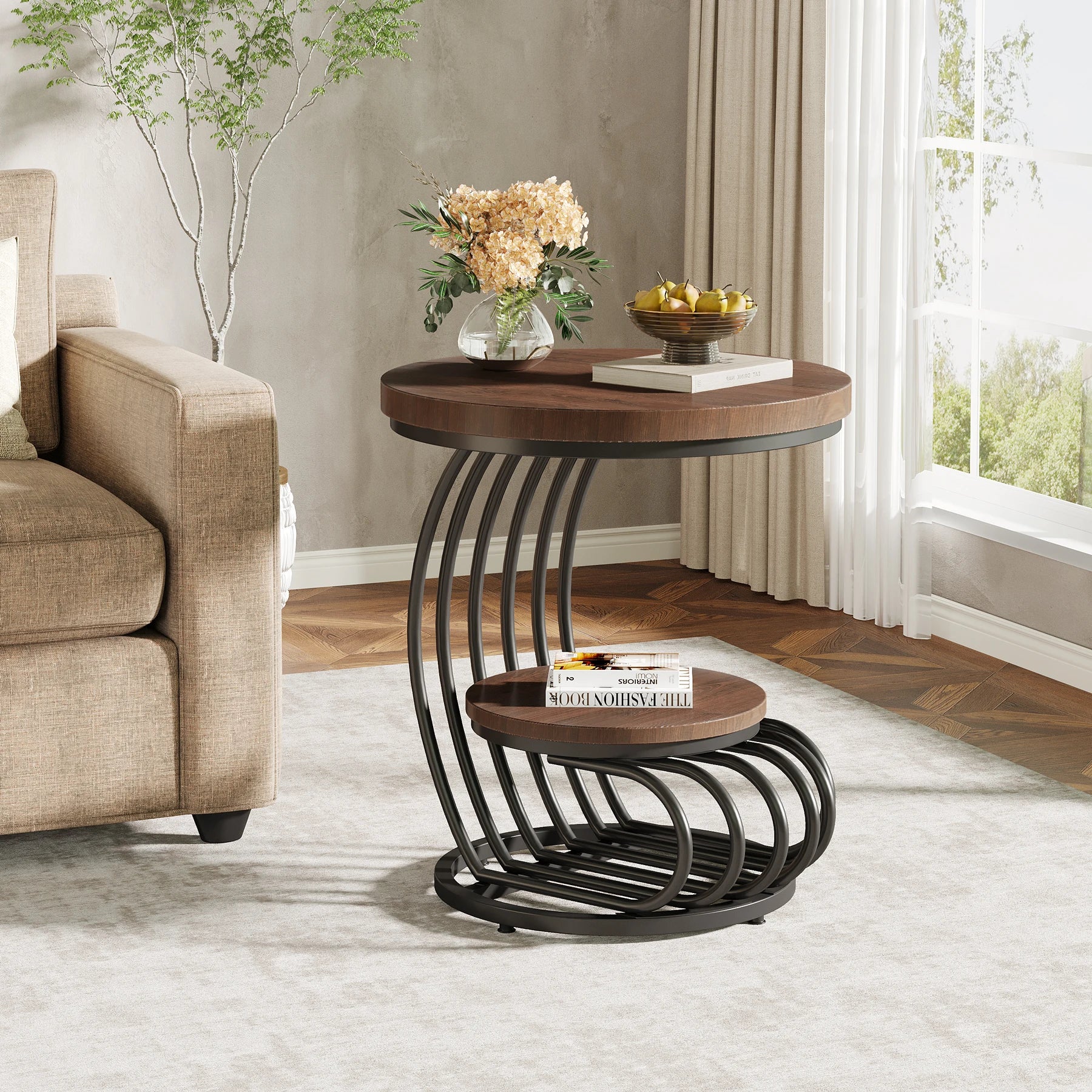 End Table-Tribesigns Gold Round Table, 2 Tiers Faux Marble Side Table, Table with Storage Shelf, Modern White Gold Bedside Table