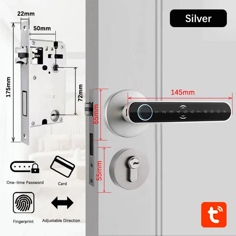 Smart Fingerprint Door Lock Handle – Keyless Entry with Keypad, Key Card & Backup Key for Home or Apartment