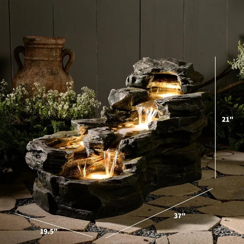 Water Fountain-Garden Outdoor Water Fountain, LED Lights, 37" L Floor Standing, 5-Tiers Rock Natural Waterfall, Outdoor Fountains with  for Patio,