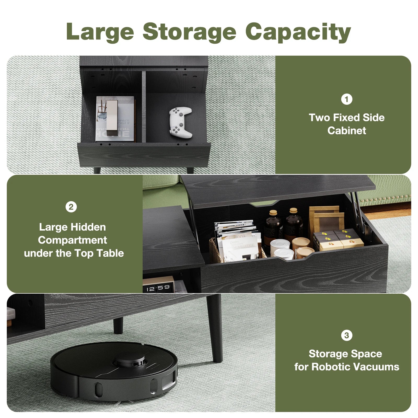 Coffee Table - Adjustable Lift-Top by JHK – Multifunction Tea & Dining Table with Hidden Storage
