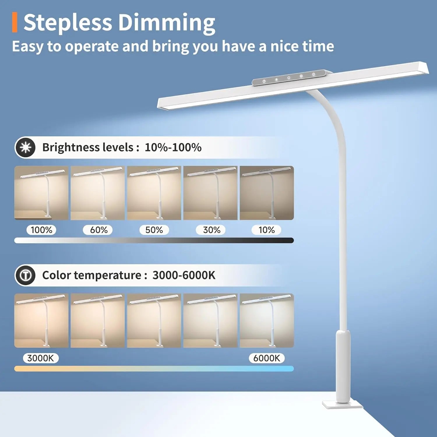 LED Desk Lamp- 3 Colors, Stepless Dimming, LED Desk Lamps, Adjustable Memory Desk Light, with Clamp Touch Control