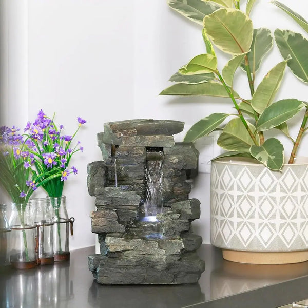 Water Fountain-LED Lights, 13 in Tall, Indoor Tabletop, 4 Tier Cascading, Water Feature, Home, Living Room, Zen Decor,
