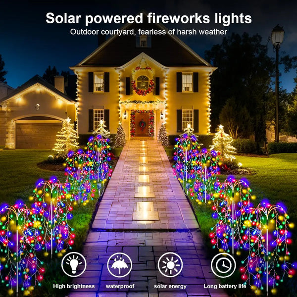 Solar-Powered LED Firecracker Fireworks Lights, 4Pack, 680/420 LEDs for Yard, Lawn, Garden, Party Landscape