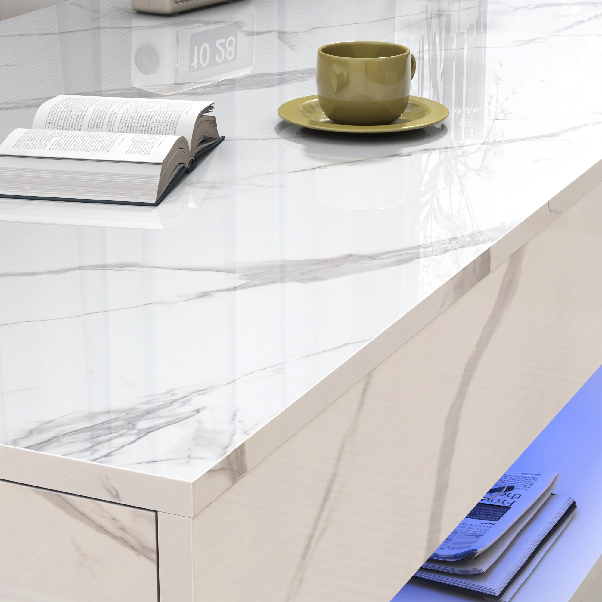 Coffee Table-Modern Stylish Coffee Table with LED lights, Double-Layer Design for Living Room Coffee Table with 2 Storage Drawers