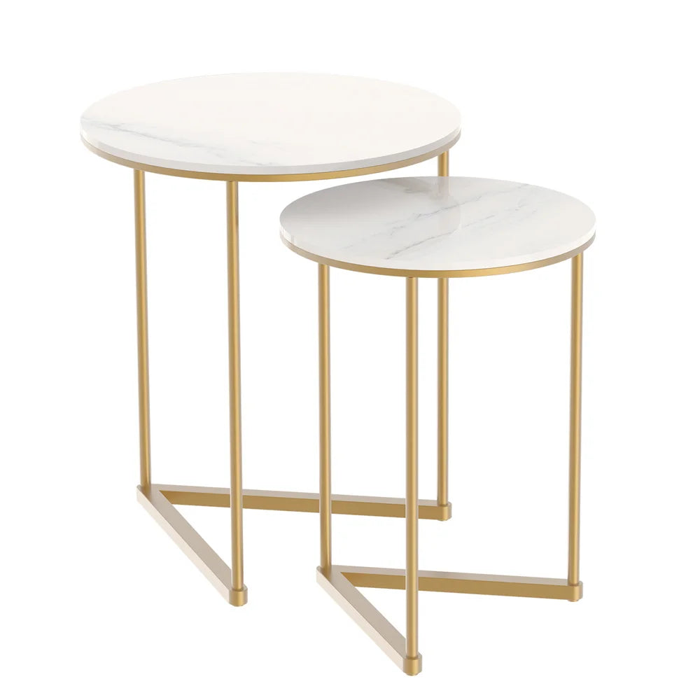 Accent Table-Modern Round Marble Metal Base Nesting Set Side Accent Table Living Room Storage Small End Table, Set of 2, Marble and Gold