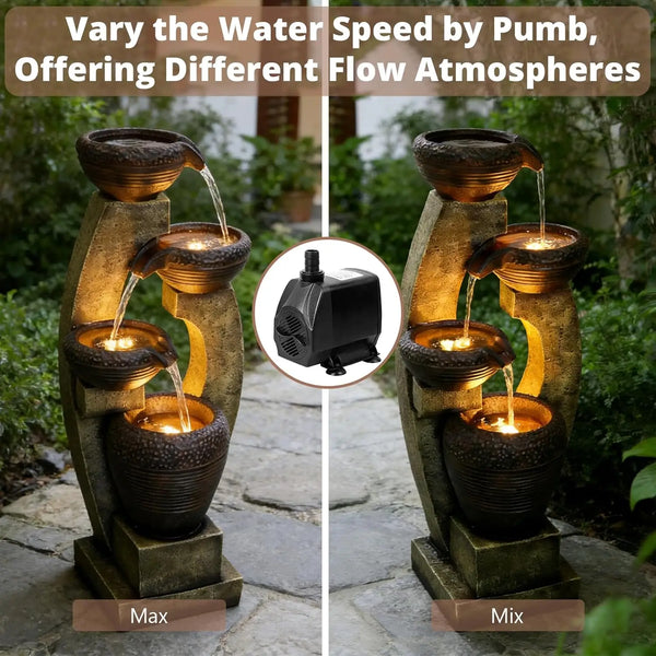 Water Fountain-LED Lights, 4-Tier Crocks, 40 in Tall, Outdoor Waterfall, Large Garden Fountain