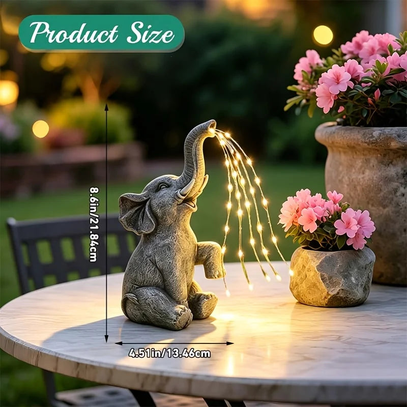 Figurine-Elephant Sculpture, Solar Water Spraying Elephant Sculpture, Outdoor, IP44 Waterproof, LED Lucky Elephant Ornament, Solar Light Sculpture