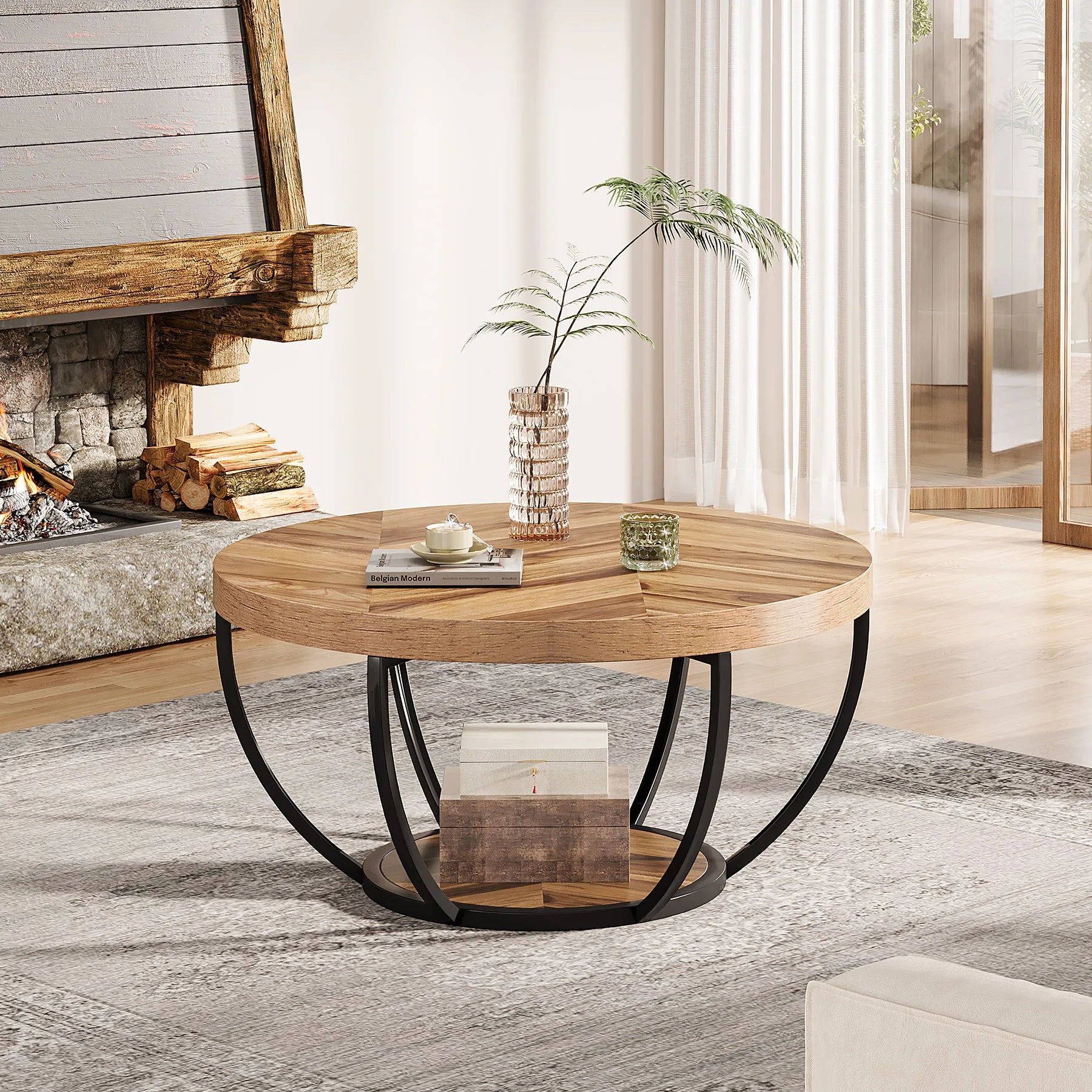 Coffee Table-Tribesigns 31.7 inch Round Coffee Table, Industrial 2-Tier Circle Coffee Table with Storage Shelves, Modern Wooden Accent Table