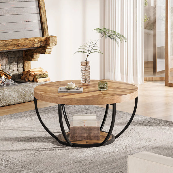 Coffee Table-Tribesigns 31.7 inch Round Coffee Table, Industrial 2-Tier Circle Coffee Table with Storage Shelves, Modern Wooden Accent Table