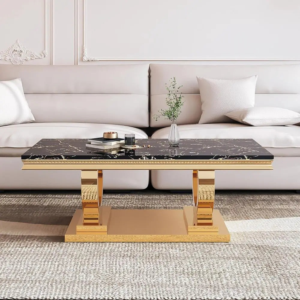 Coffee Table Set- 3-Piece set, 1 Rectangular Coffee Table, 2 Square Side Tables, Elegant Living Room Furniture with Black Marble Top