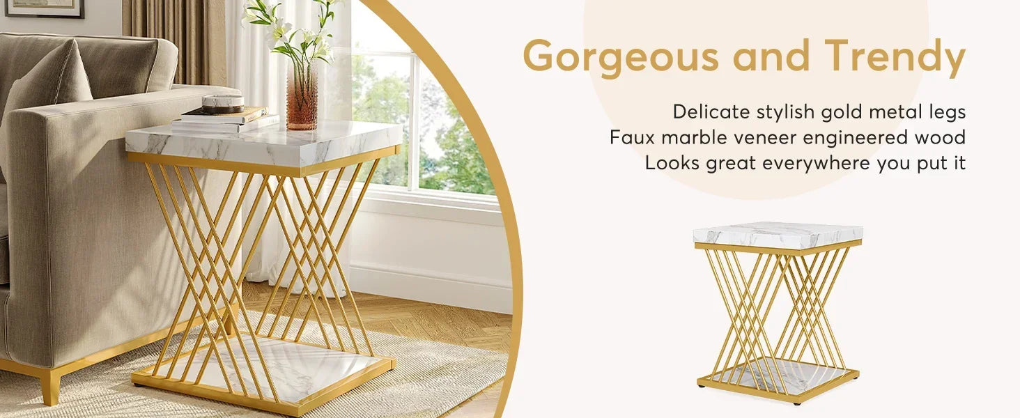 End Table-Square End Table, White Gold, 2-Tier Side Table, Modern Small Bedside Table with Storage for Couch ( Faux Marble White+Gold)